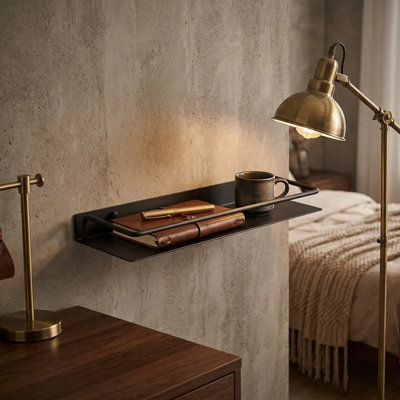 Modern Black Metal Floating Wall Shelf with Rail for Versatile Storage