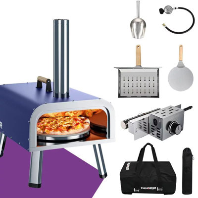 Outdoor Multi-Fuel Rotatable Portable Wood Fired and Gas Pizza Oven, Stainless Steel 3-Layer with Built-in Thermometer,Pizza Cutter & Carry Bag