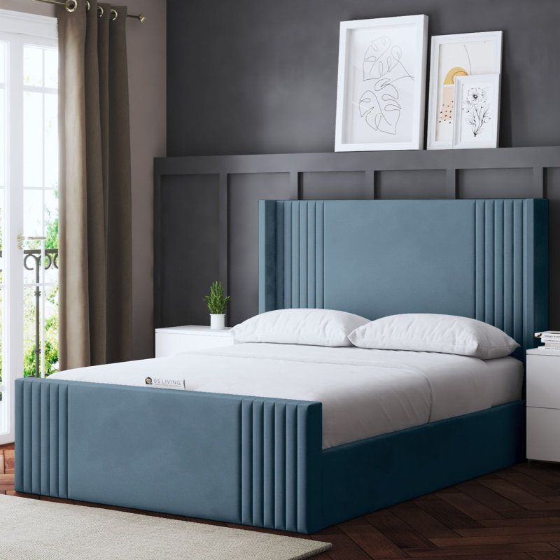 Elara Winged Ottoman Panel Bed with Headboard, Double (4'6), Blue