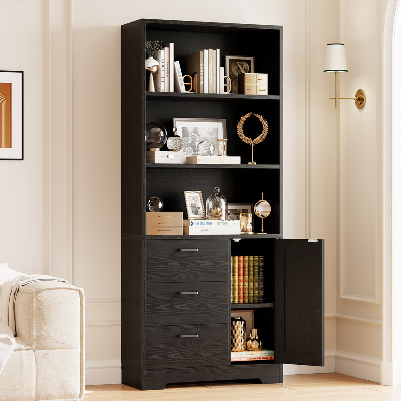 Modern Style 71" H Wooden White Bookshelf And Bookcase With Door And 3 Drawers,3-tier Open Display Shelves, Black