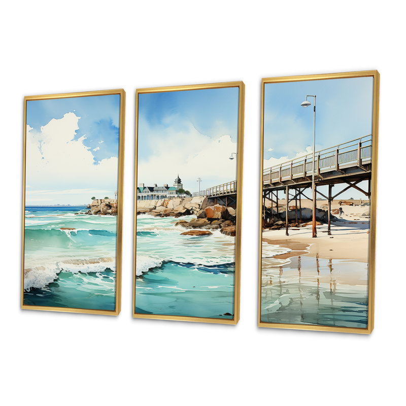 Pitchford - Coastal Pier, ensemble de reproduction d'art mural, Cadre flottant doré, H 40 po x l 60 po x P 1 po