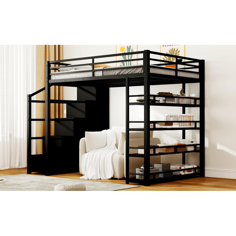Grand lit mezzanine en métal avec tablettes de rangement, armoires et garde-robe, noir, Grand lit