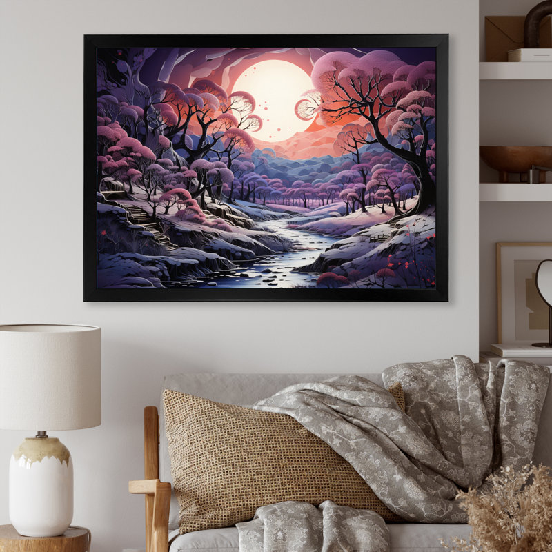 Impression sur toile «Purple Forest Winters Papercut», H 30 po x l 40 po x P 1,5 po, Cadre simple noir