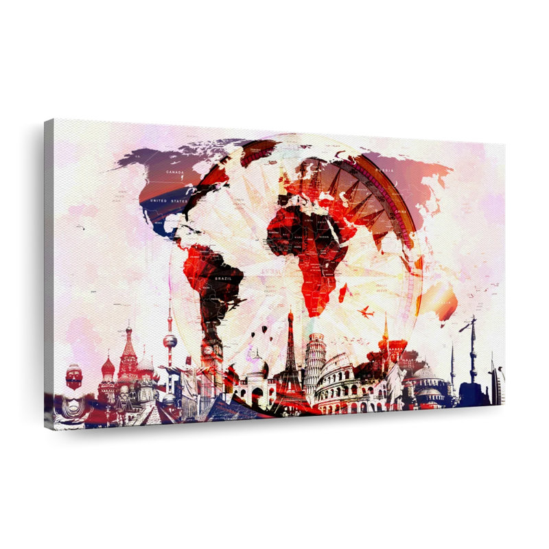 Compass World Map Canvas Print, 16" H x 24" W x 1.25" D