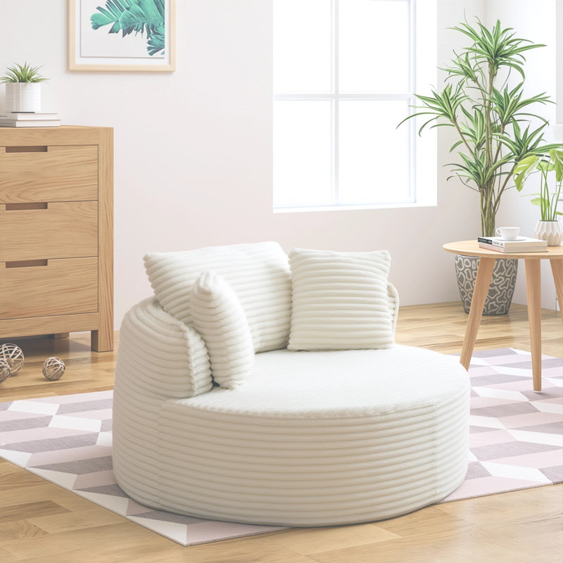 Fauteuil rond 53,5 po en velours côtelé moderne avec 3 coussins, Beige