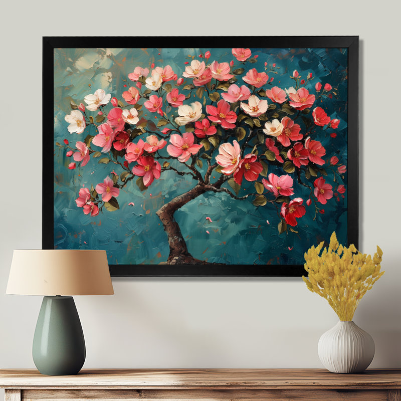 Fleur de pommier bleu et rose I - décoration murale fleur de pommier, H 12 po x l 20 po, Cadre simple noir