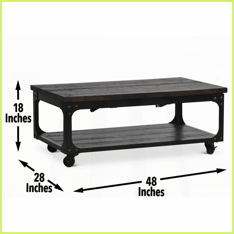 Bois franc industriel rustique & amp; Table basse en fer avec rangement à plateau relevable, roulettes - brun