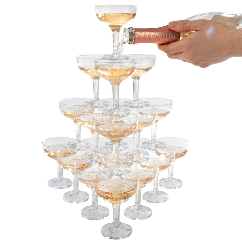 Paquet de 100 verres à champagne en plastique Reinlinde - 5 verres coupés réutilisables ou jetables avec rainures pour créer une tour à champagne pour les mariages par Lavish Home