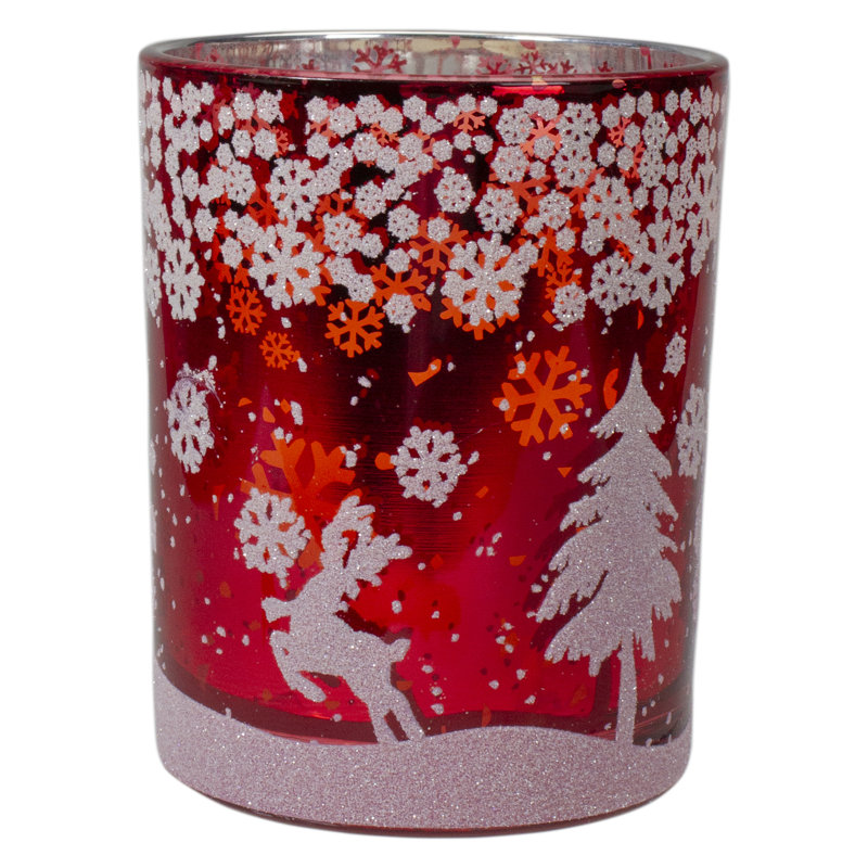 Porte-bougie sans flamme 5 po cerf rouge et argent dans les bois d'hiver
