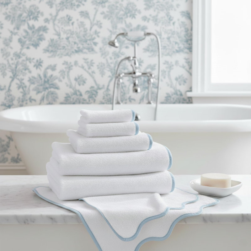 Scallop Piping 6 Piece Towel Set - 100% Zero-Twist Cotton, 620 GSM - Bath Towels, Hand Towels & Washcloths, White/Blue