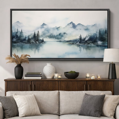 «Woodland Forest Landscape Mountain Lake Calm Misty Landscape Vintage Inspired Stripes Antique Retro Extra Large Wall Decor», reproduction encadrée