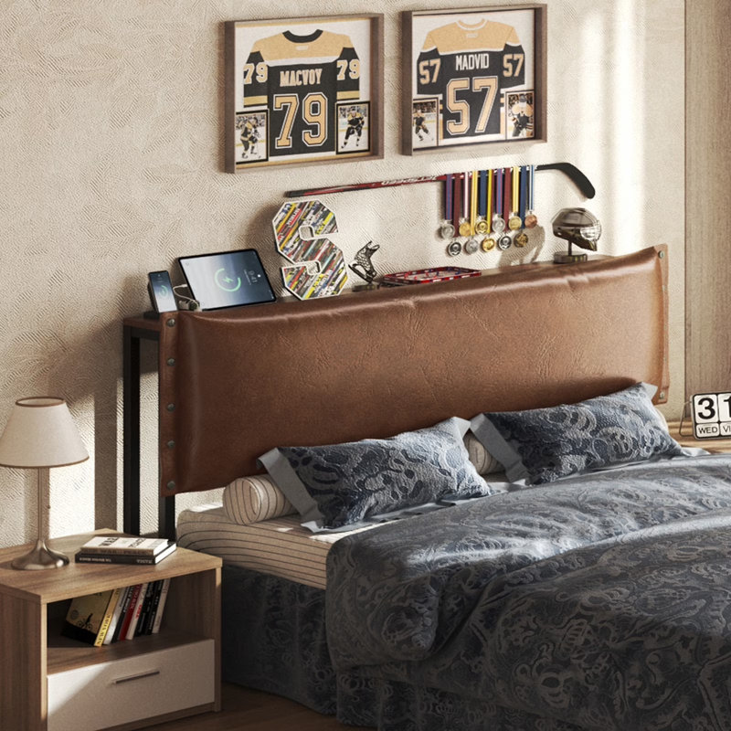 Tête de lit tapissier en cuir ciré avec lumières DEL intelligentes (60 000 couleurs de bricolage), rangement caché et ports USB / Type-C, réglable en hauteur à 3 niveaux