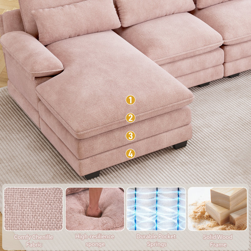  113''W Modern U Shape Sectional Couch Oversized Wide Armrest Sectional Sofa, Pink Chenille