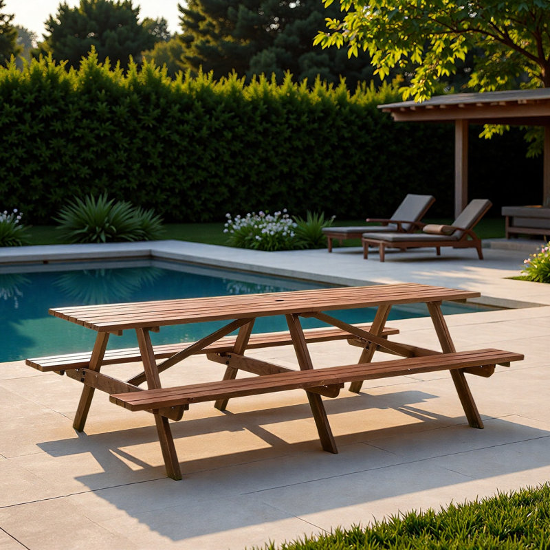 Table de patio en bois pour 12 personnes avec bancs et trou pour parasol