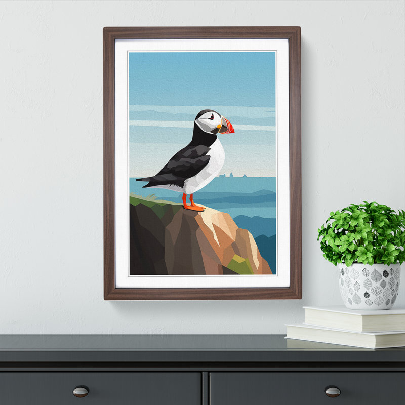 Puffin Minimalism - Single Picture Frame Print on Wood, Walnut, 34cm H x 25cm W x 2cm D