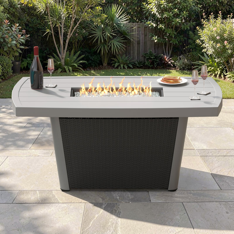 Baecher 24.61" H x 51.97" W Aluminum Outdoor Fire Pit Table with Wicker Base and Hidden Fuel Tank Storage, Charcoal/ Gray