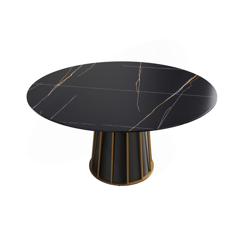 Table de salle à manger moderne 59,05 "en pierre artificielle ronde en métal noir avec base en fer pouvant accueillir 8 personnes (chaises non incluses)