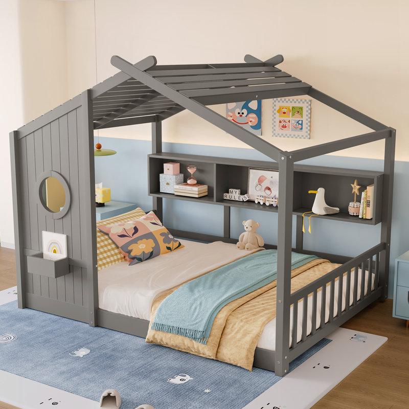 Lit Floor House avec tablette de rangement, Gris, Lit double