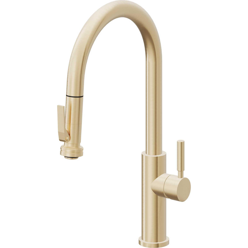 Corsano Contemporary Pull Down Kitchen Faucet with Squeeze Sprayer High Arc Spout and ST Series Handle, Satin Brass