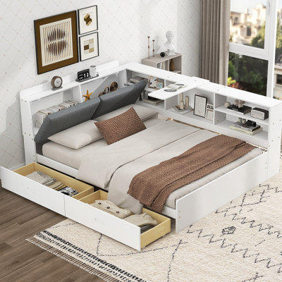 Wood Full Size Platform Bed With Storage Headboard, Shelves And 2 Drawers, White