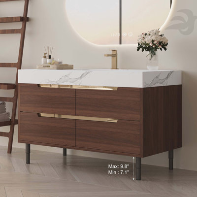 Meuble-lavabo autoportant en pierre frittée de 35,4 po avec lavabo encastré en bois massif multicouche, rangement 4 tiroirs, fixation murale