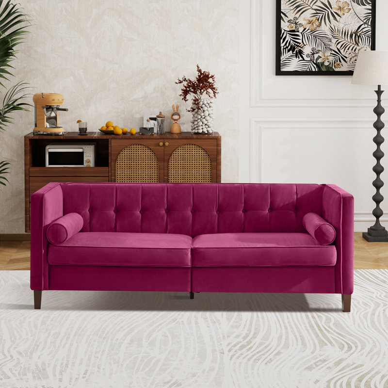 78''  Wide Velvet Tufted Square Arm Sofa, Red Velvet