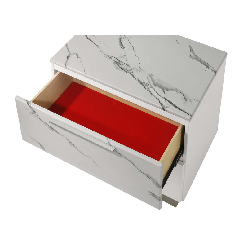 Table de chevet Mist - deux tons ultrabrillant avec deux tiroirs, intérieur doublé de velours et un design compact
