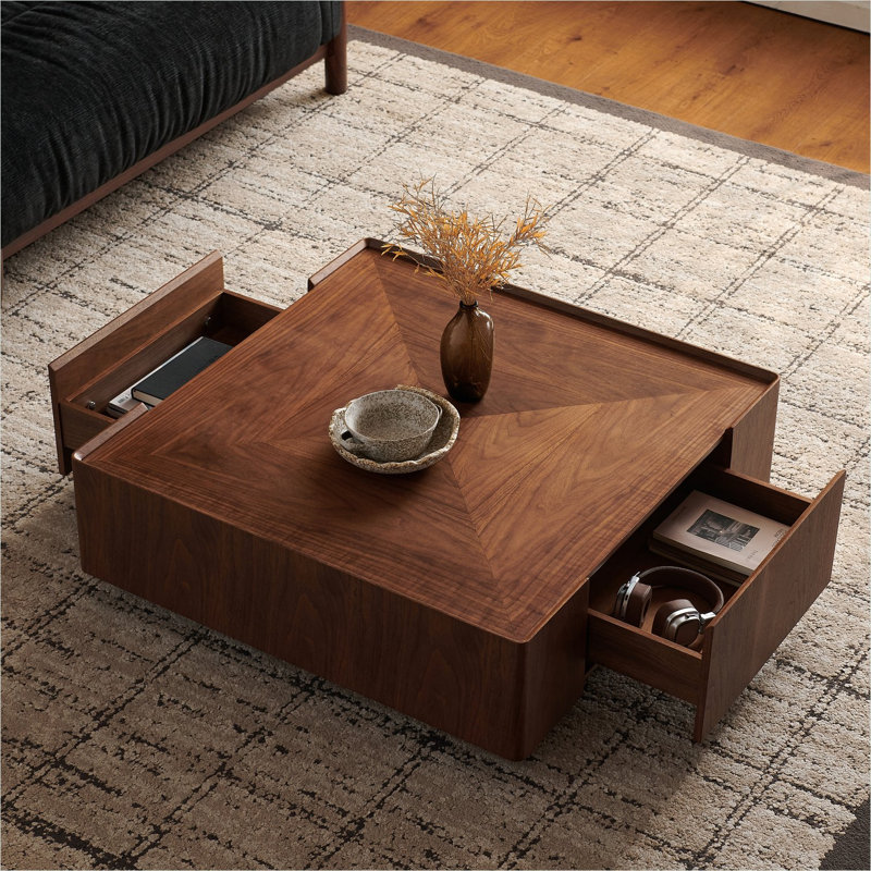 Table basse carrée avec tiroirs de rangement, plateau en bois brun chaud compact de 35 pouces pour le salon