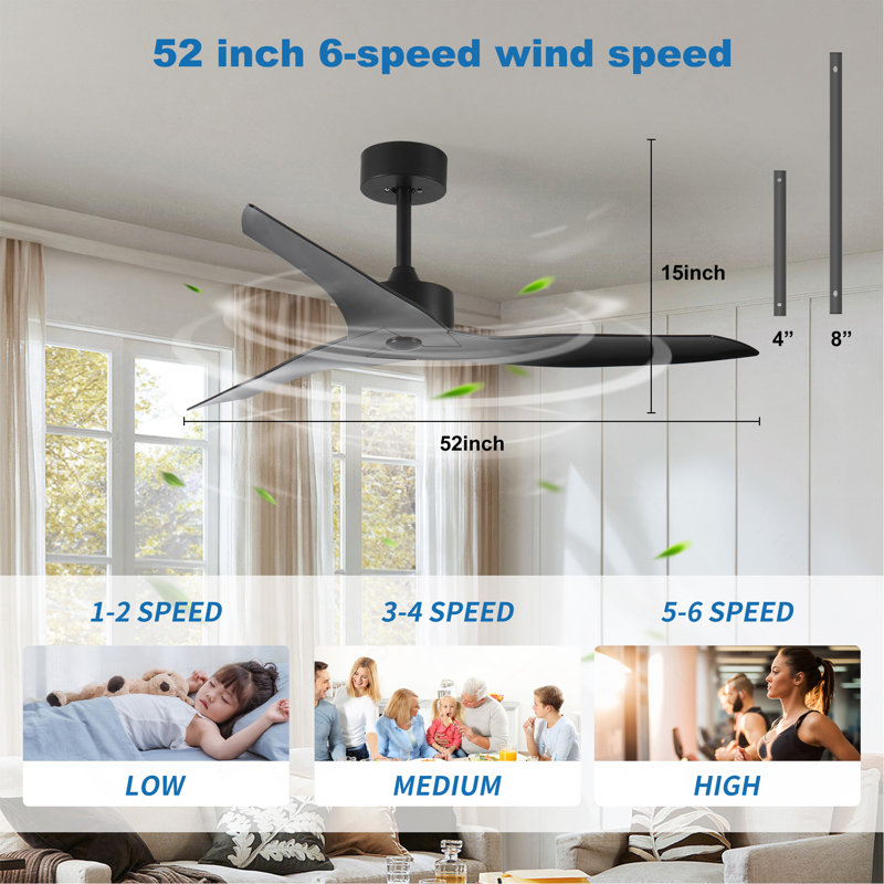 52" Outdoor Black Ceiling Fan Without Light With Remote Control, Black