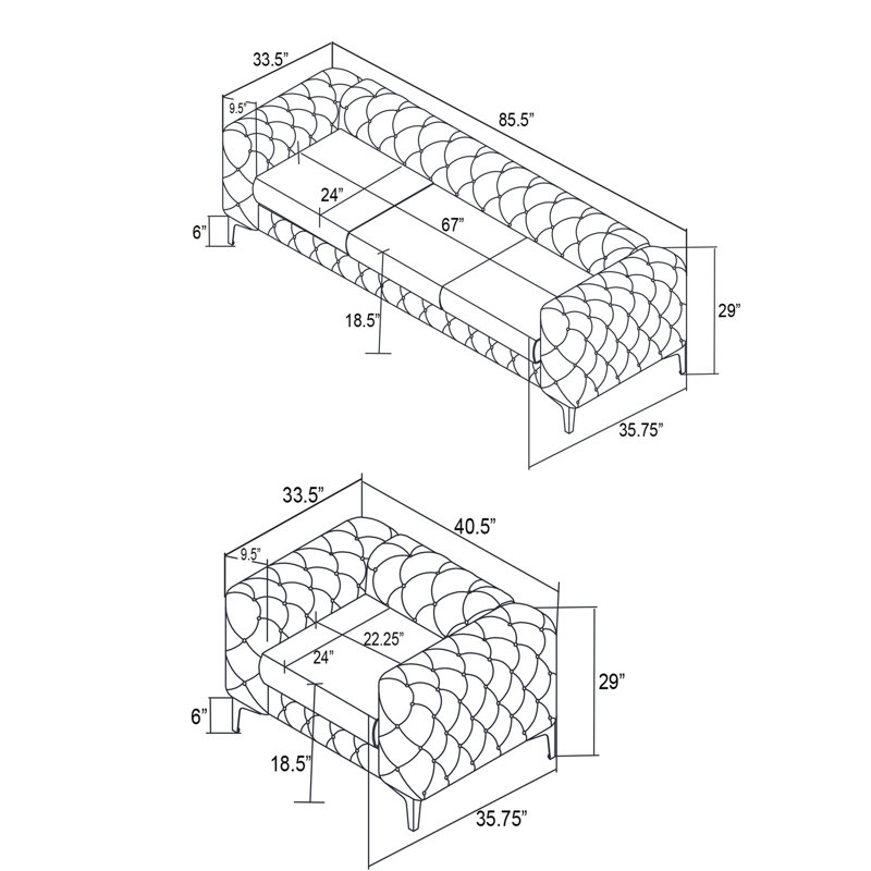 Ensemble de salon en velours 3 pièces Goetten, Gris, Argent