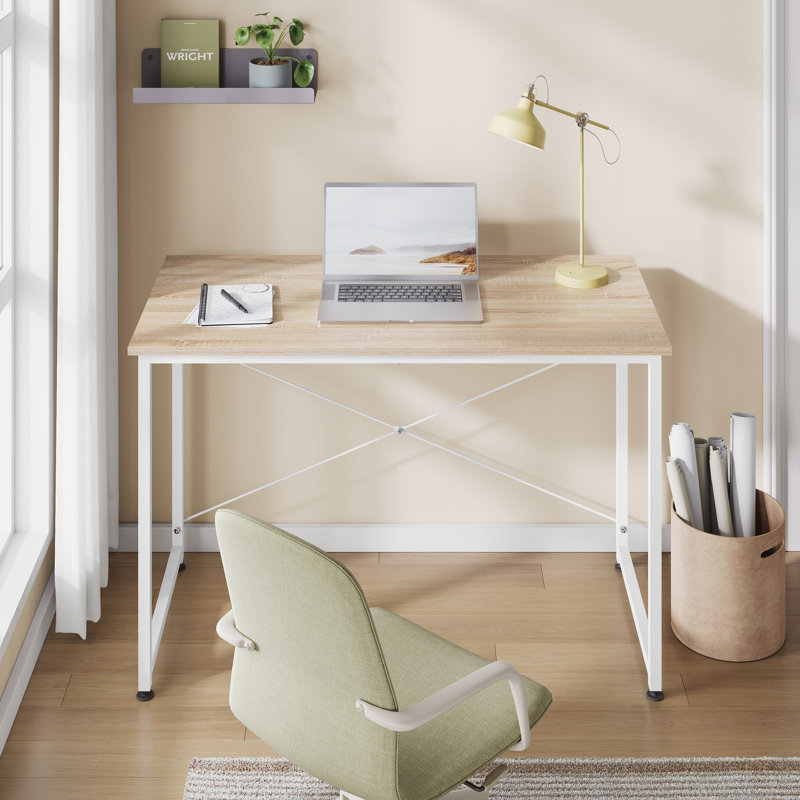 Iron Computer Desk, Light Woodlook/White