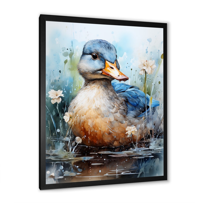 «Blue Duck», aquarelle, Cadre simple noir, H 20 po x l 12 po x P 1 po