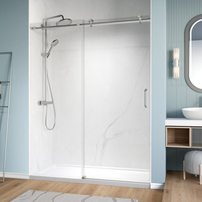 Porte de douche coulissante simple sans cadre de 56 à 60 po x H 76 po avec verre trempé de 1/4 po (6 mm) pour douche à l'italienne, nickel brossé