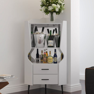 Armoire de bar en bois avec 2 tablettes de rangement ouvertes et 2 tiroirs, armoire à dossier en miroir, pieds et pieds hauts pour un nettoyage facile, armoire de buffet