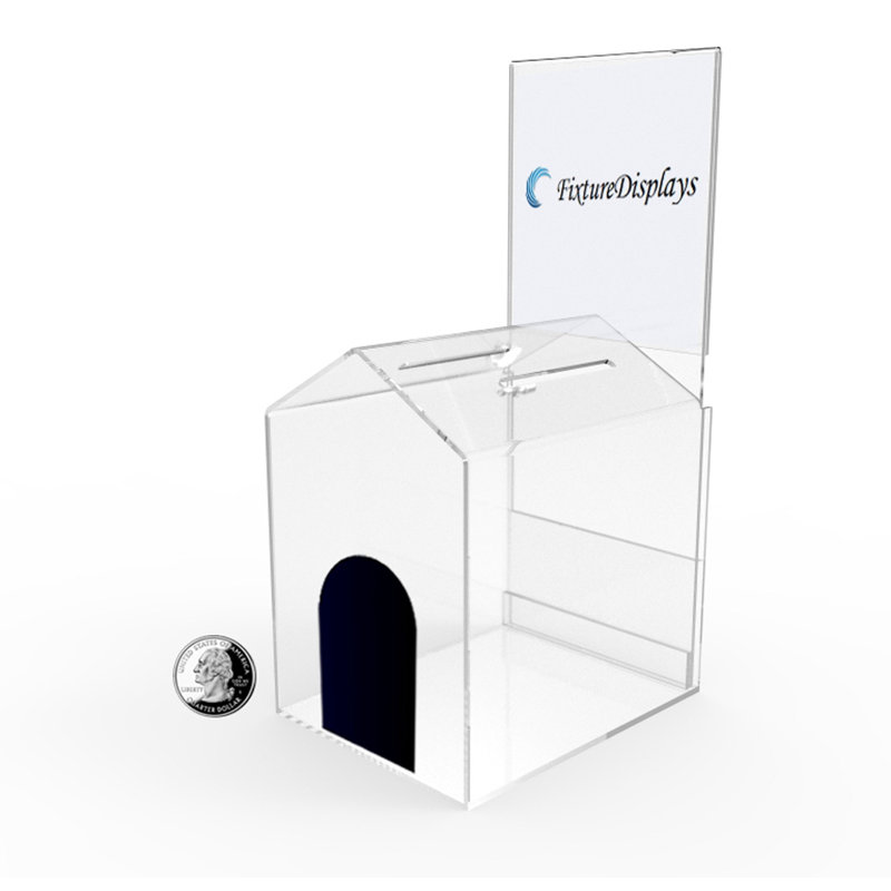Acrylic "Small-House" Shaped Donation Box 5" W x 10" H x 6" D with A Small Pad-Lock