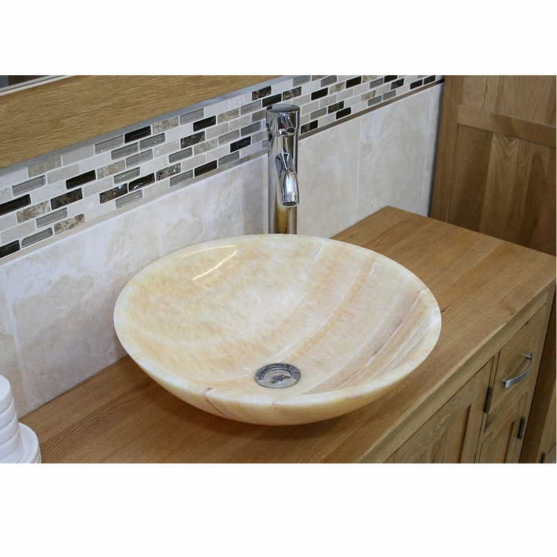 Belfry Bathroom Berrin 430mm Stone Round Countertop Basin Bathroom Sink with Faucet, Golden Onyx