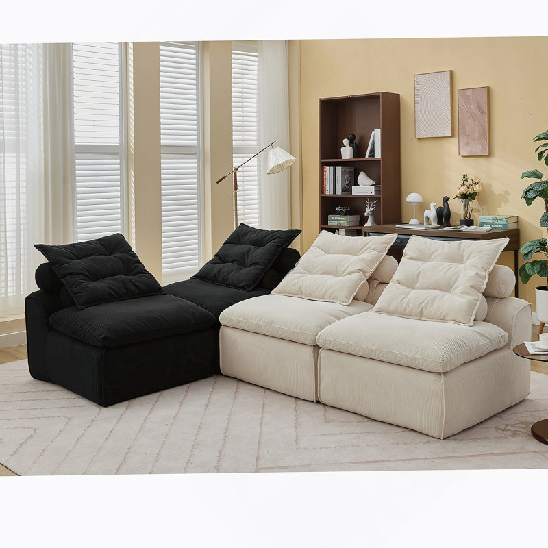 Canapé modulaire polyvalent avec revêtement en velours côtelé et coussins multiples pour la détente, Beige/noir