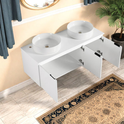 Meuble-lavabo flottant moderne (qui doit inclure à la fois un meuble-lavabo et un lavabo) avec rangement, contreplaqué blanc brillant