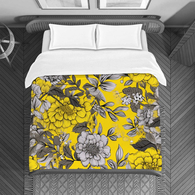 Machine Printed Duvet Cover, Twin Duvet Cover, Silver/Yellow