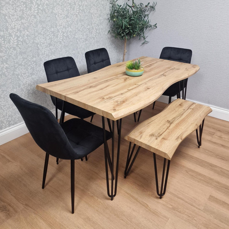 Wooden Dining Table With Bench and 4 Velvet Chairs - Stylish Dining Room Furniture, Black