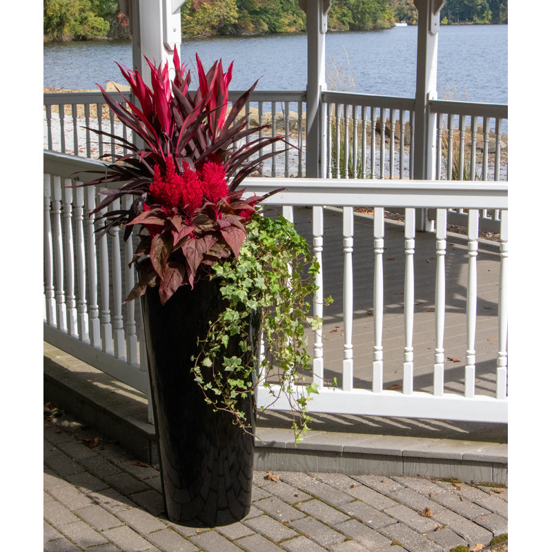 23" H Cascade Tall Round Plastic Planter, Glossy Black