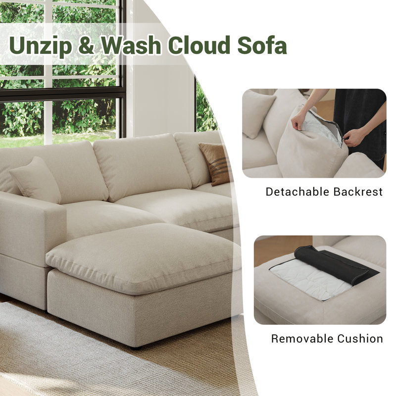 Upholstered Cloud Sofa Couch, Modular Sectional Sofa L-shaped Sofa with Ottoman for Living Room Bedroom, Khaki