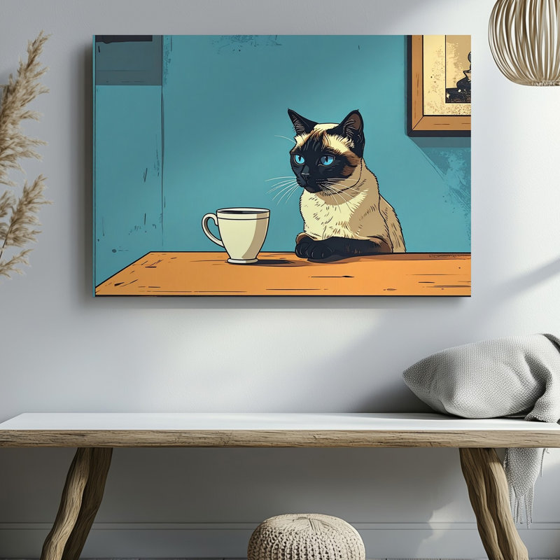 Art mural, chat siamois contemplatif avec tasse de thé aux couleurs vives lorsque la toile est prête à être accrochée