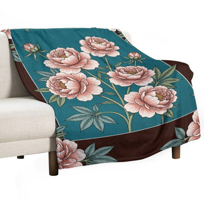 Jeté en flanelle de fleurs de pivoine rose, couverture douce et chaude pour le canapé-lit du salon