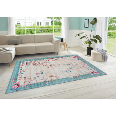 Machine Woven Beige/Teal Rug