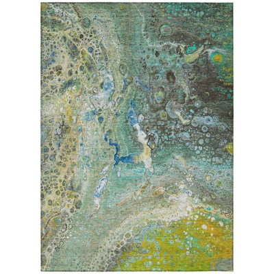HomeRoots 5' X 8' Teal Blue Lime Green And Green Abstract Washable Indoor Outdoor Area Rug