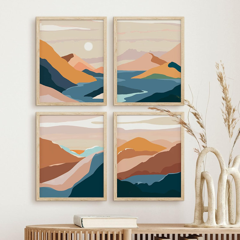 Ensemble de 4 impressions murales encadrées «Orange & Blue Mountain Valley» encadrées, H 10 po x l 8 po x P 1 po, Naturel