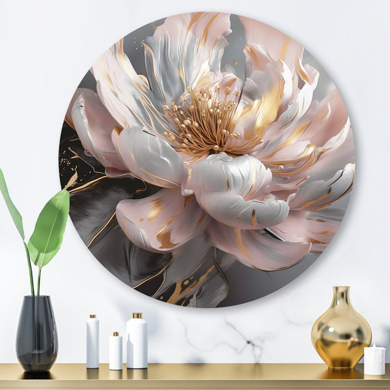 Marbre rose doré, pivoine fleur III - marbre abstrait, art mural rond en métal, H 16 po x l 16 po x P 1 po