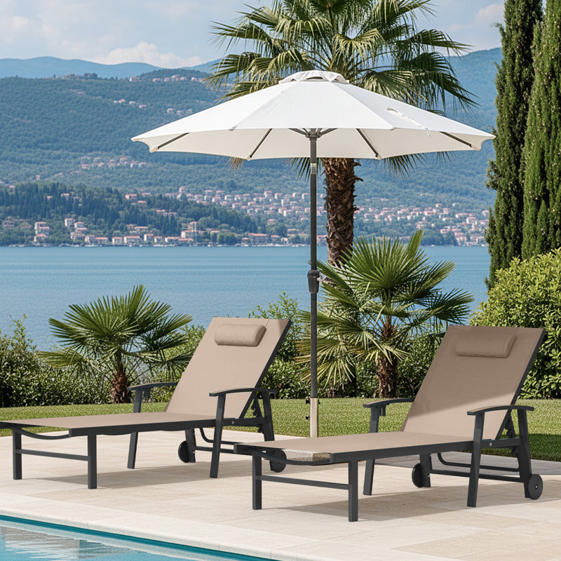 Outdoor Patio Chaise Lounge Set Of 2 With Wheels And Armrests, Khaki