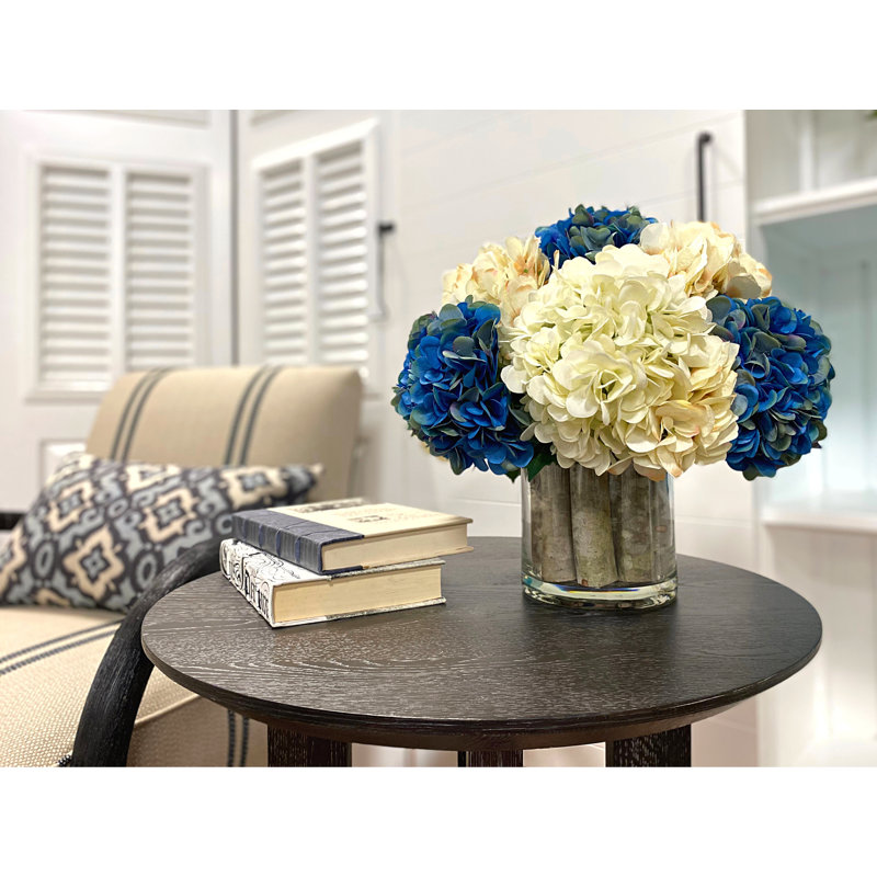 Assorted Hydrangeas Arranged in Glass Vase with Birch Sticks, Blue/Cream